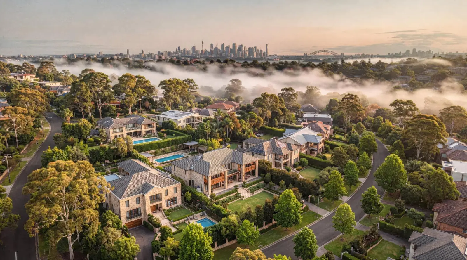 An aerial over an affluent leafy Hills neighbourhood at first light, pink morning mist drifting very slowly over the rooftops and pools, the distant Sydney skyline on the horizon.